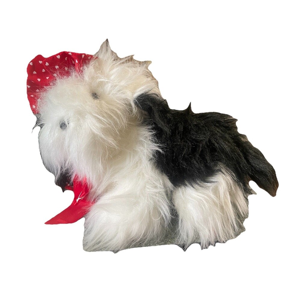 Vintage Shaggy 1990  Realistic Old English Sheepdog Plush Dog Red Bow 90s Korea